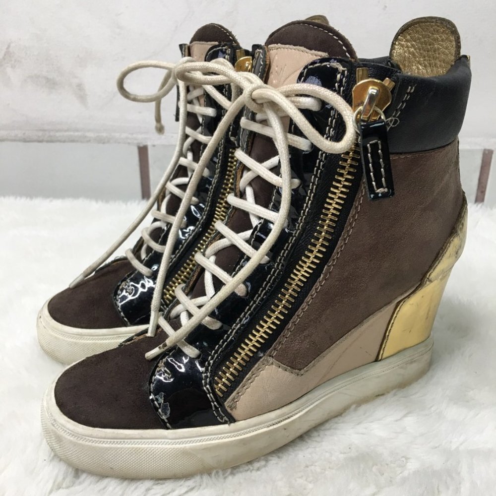 Giuseppe Zanotti Women's Brown and Gold Wedges High Top Heel Sneakers Size 5